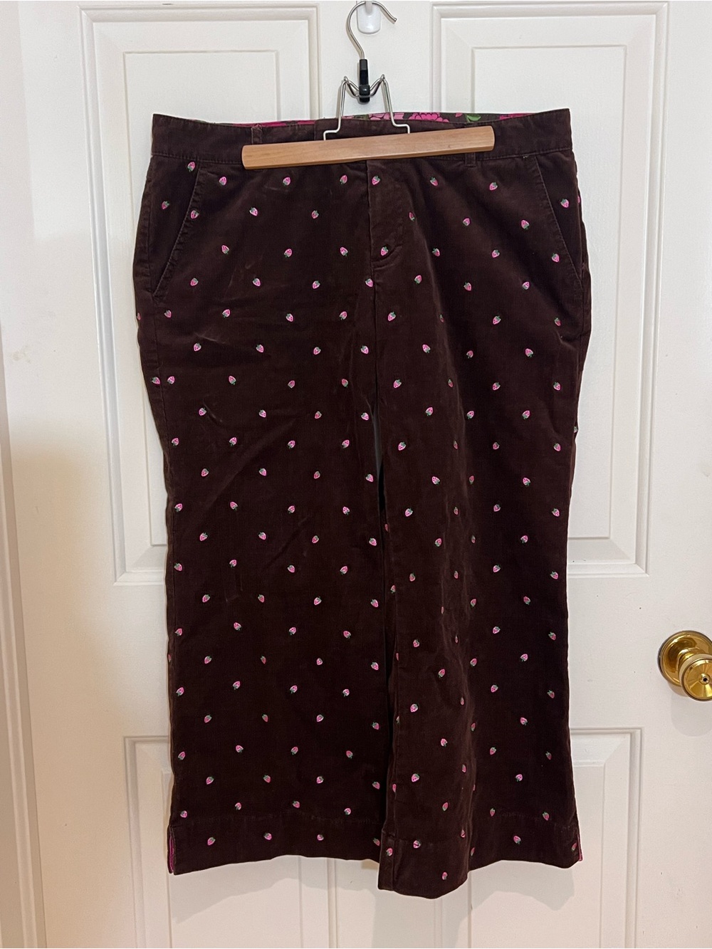 Lilly Pulitzer Brown Corduroy Capri Pants with Pink Strawberry Embroidery